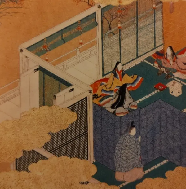 源氏物語画帖「賢木」
塗籠を抜け出した光源氏は、藤壺を垣間見する。