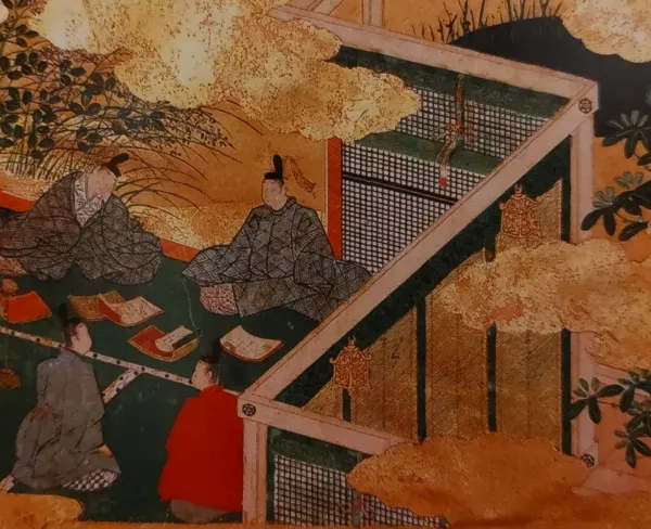 「雨夜の品定め」で恋バナを繰り広げる男たち。
光源氏（左上）は居眠りしている。
土佐光吉「源氏物語手鑑　帚木」