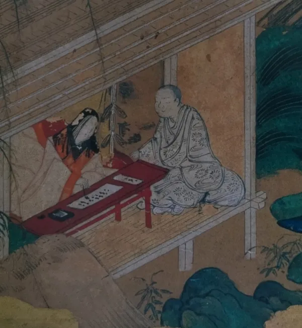 出家した浮舟は山里の庵で習字などをして過ごす
土佐光元「源氏物語色紙絵　手習」