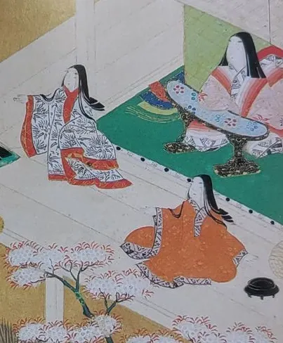 若紫（紫の上：左）が飼っていた雀を逃がした女童（犬君：右下） 長次郎「源氏物語画帖　若紫」