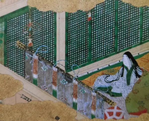 格子から源氏を眺める六条御息所。
『源氏物語画帖 夕顔』(部分)土佐光則筆 江戸時代 徳川美術館