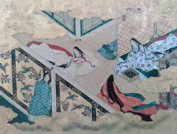 白い着物を着ている女一の宮を、薫（左）が垣間見している。
『源氏物語手鑑』土佐光吉筆　桃山時代　和泉市久保惣記念美術館