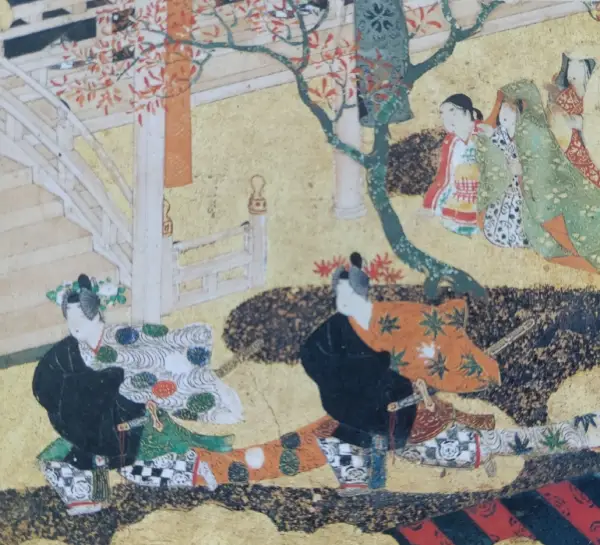 青海波を舞う頭中将と光源氏。
紅葉の挿頭（かざし）をさしているのが頭中将（右）
『源氏物語色紙貼付屏風　紅葉賀』（部分）伝土佐光則筆　江戸時代
